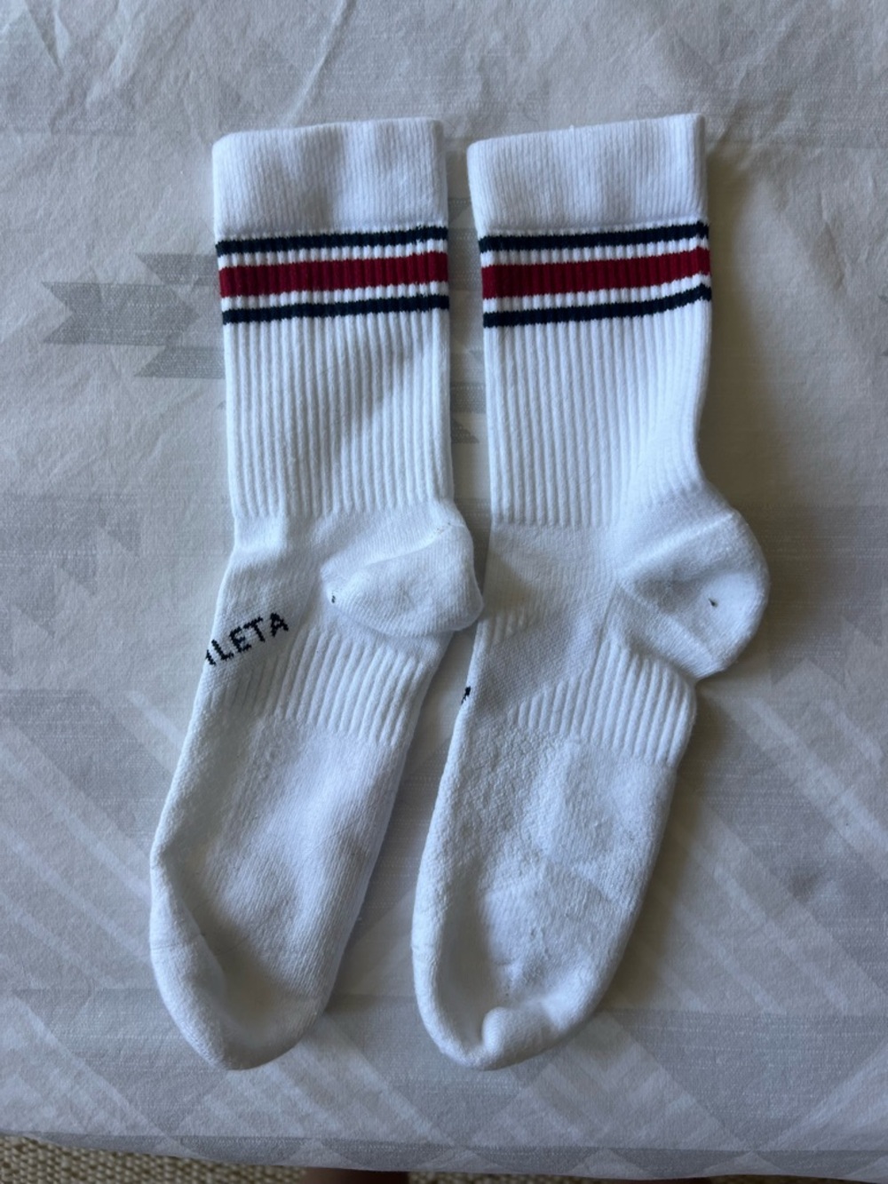 Athleta White Athletic Crew Socks with Red & Navy Stripes